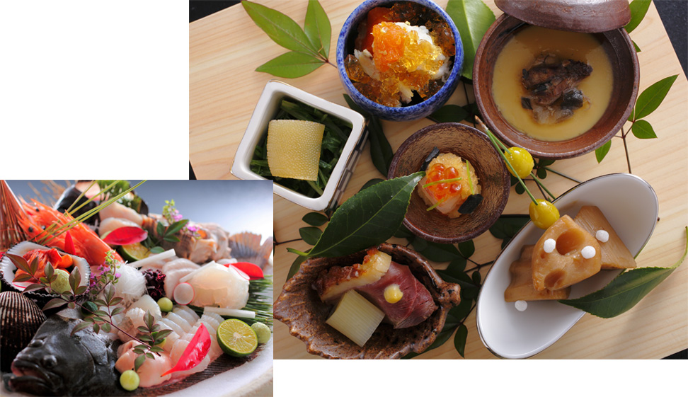 日本海・瀬戸内海の食材、清流千種川の水、地元赤穂の野菜や米